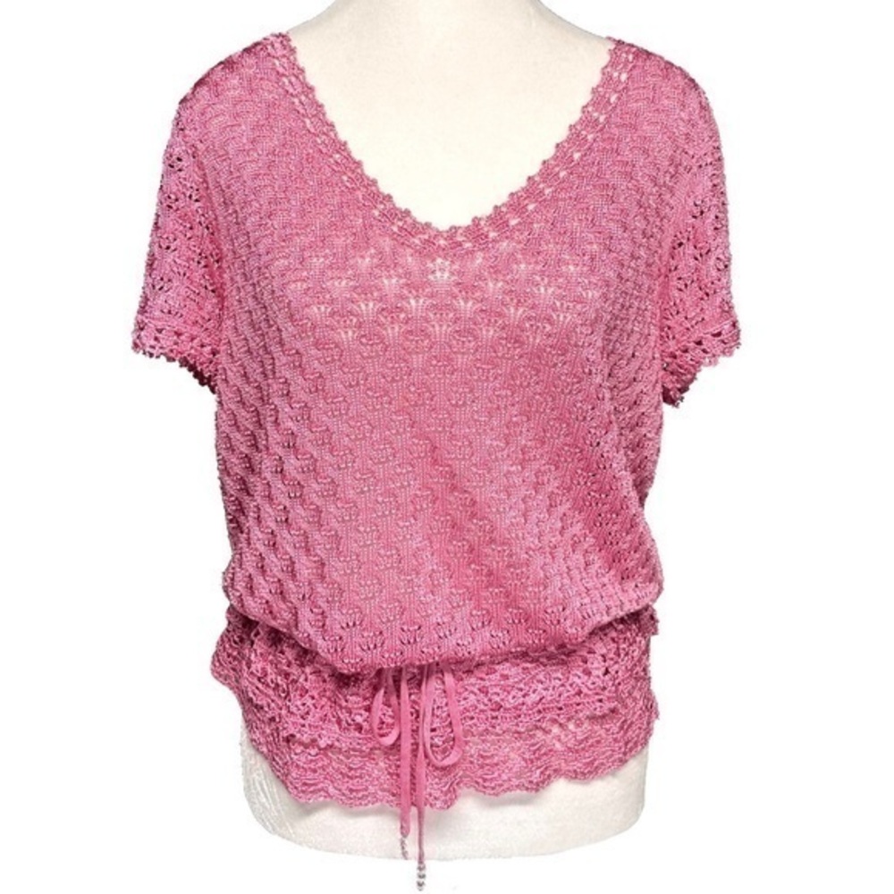 Pink Crochet V-Neck Beaded Tie Waist Bloused Top Feminine Romantic L Emma James